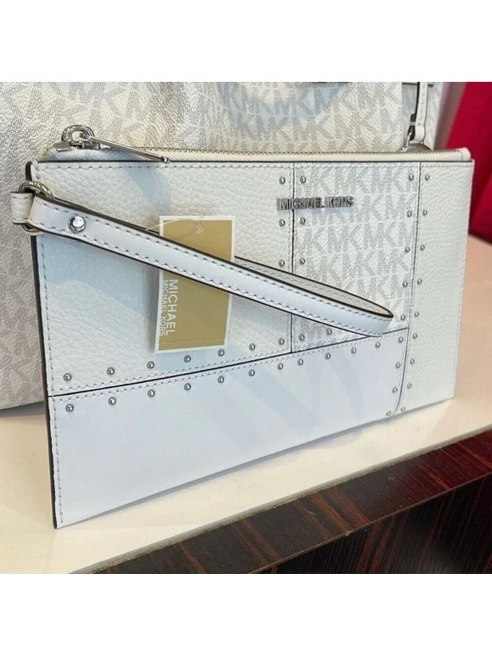 Michael Kors White Wristlet with Silver Studs New Never Used, Perfect for a Gift - Picture 5 of 17